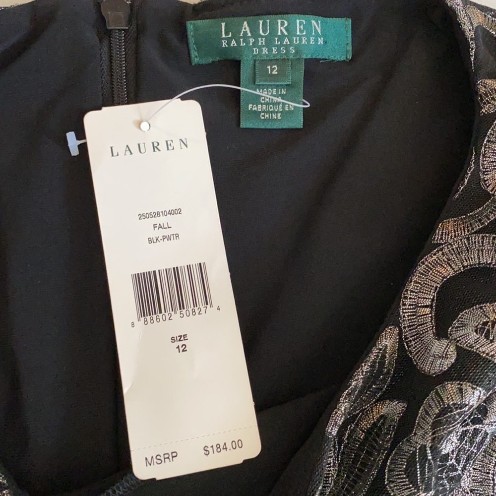 {NWT} Lauren Ralph Lauren | Metallic Embroidered Sheath Dress Black Pewter 12 - Picture 8 of 16